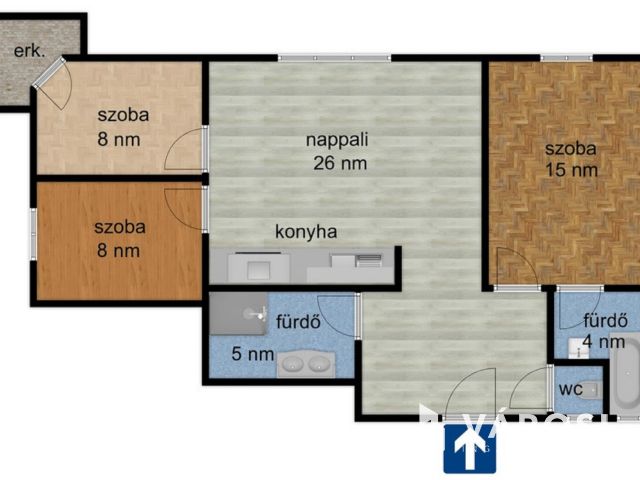 Nappali, 3 szoba, 2 fürdő, a Belvárosban.