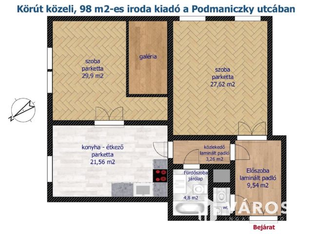 Körút közeli, 98 m2-es iroda kiadó a Podmaniczky utcában