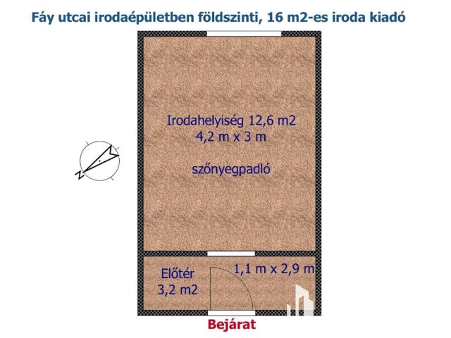 Fáy utcai irodaépületben földszinti, 16 m2-es iroda kiadó